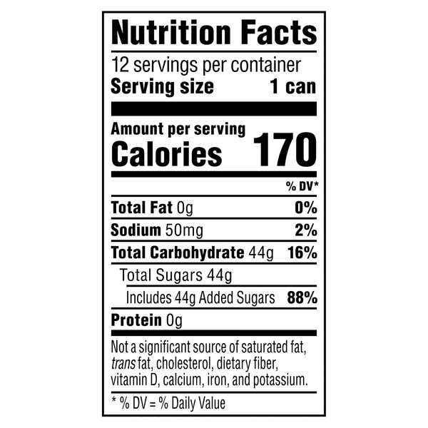 Nutrition facts for Mtn Dew Soda, Baja Caribbean Splash, 12Pk