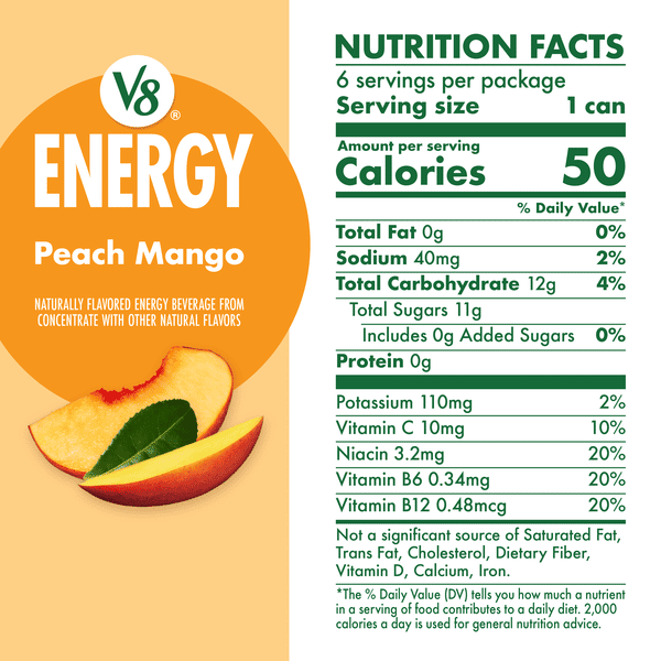 V8 +Energy Peach Mango Vegetable & Fruit Juice 6Pk | Hy-Vee Aisles