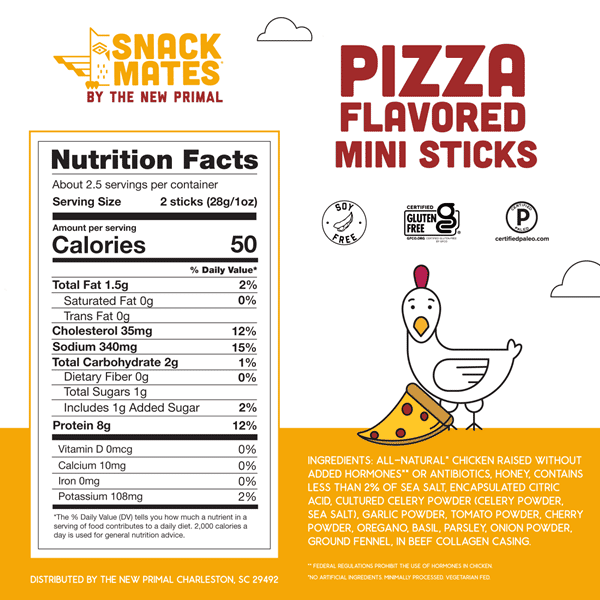 New Primal Snack Mates Pizza Flavor Chicken Mini Meat Sticks 8g