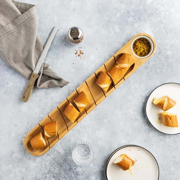 Bamboo French Bread Board With Ceramic Dip Bowl - 25.6 Inch Sustainable Serving & Cutting Board