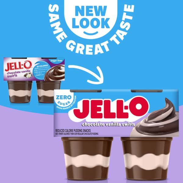 JELL-O Zero Sugar Chocolate Vanilla Swirls Pudding Snack Cups, 4