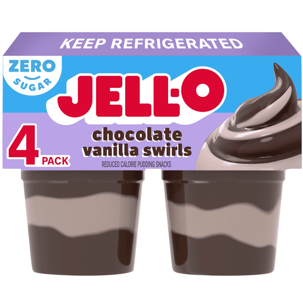 JELL-O Zero Sugar Chocolate Vanilla Swirls Pudding Snack Cups, 4