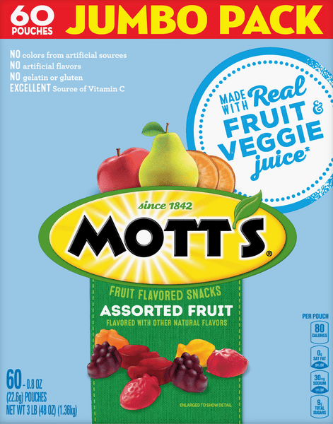 Mott's Assorted Fruit Fruit Flavored Snacks, Jumbo Pack, 60-0.8 oz