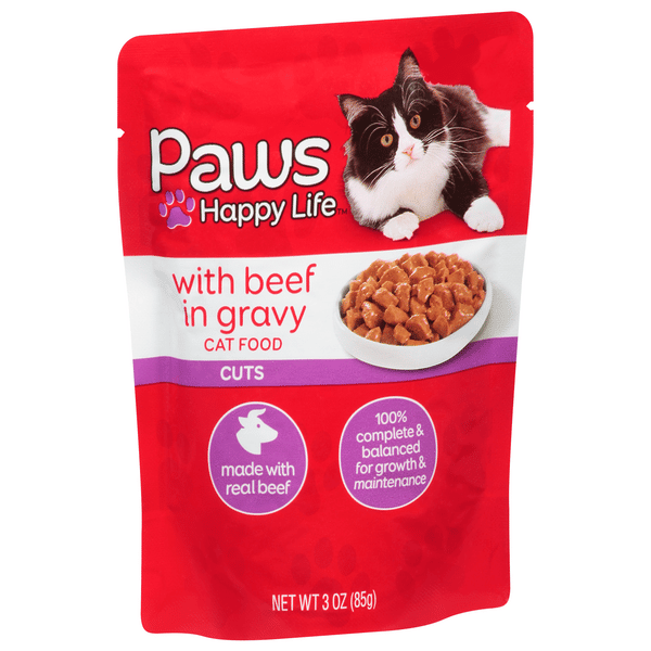 Paws Happy Life Cat Food, With Beef In Gravy, Cuts Hy-Vee Aisles